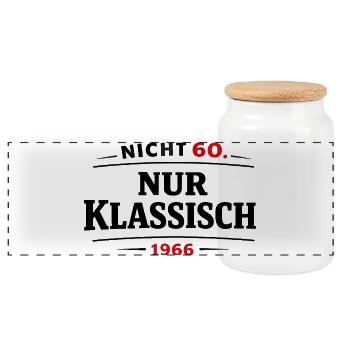 60. Geburtstag Jahrgang 1966 - Panorama Keksdose mit Holzdeckel - Weiß - Vorne
