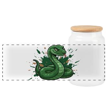 Green cartoon snake with splash splash - Panoramic Cookie Jar with Wooden Lid - white - Front