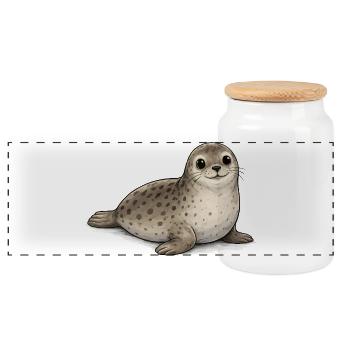 Seal Cartoon Cute Animal Pattern - Panoramic Cookie Jar with Wooden Lid - white - Front