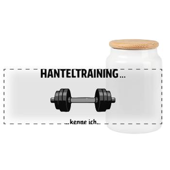 Hanteltraining… kenne ich – Lustiger Fitness Spruc - Panorama Keksdose mit Holzdeckel - Weiß - Vorne