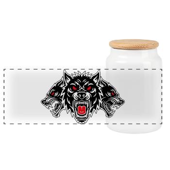 Dog Cerberus Totem Three Heads Red Eyes - Panoramic Cookie Jar with Wooden Lid - white - Front
