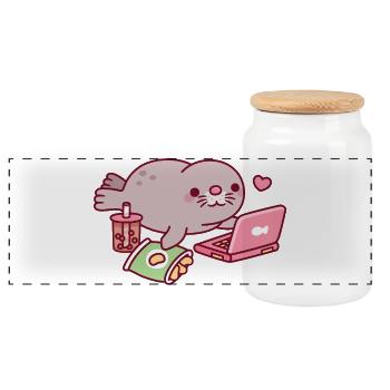 Süßer Chonky Seal entspannt mit Laptop und Boba-Tee - Panorama Keksdose mit Holzdeckel - Weiß - Vorne