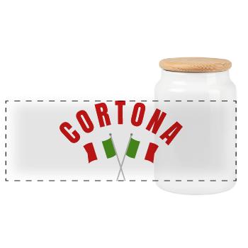 Cortona Twin Italian Flags Emblem - Panoramic Cookie Jar with Wooden Lid - white - Front