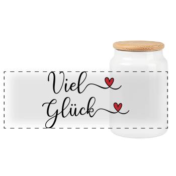 Viel Glück Design mit Herz - Panorama Keksdose mit Holzdeckel - Weiß - Vorne