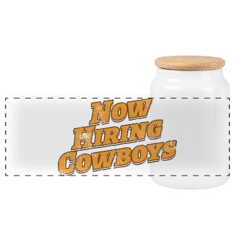 Now Hiring Cowboys | Funny Western  - Panoramic Cookie Jar with Wooden Lid - white - Front