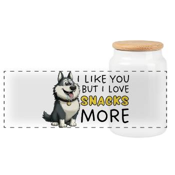 Dessin animé Sibérien Husky Snack Lover - Boîte à biscuits avec couvercle en bois - blanc - Devant