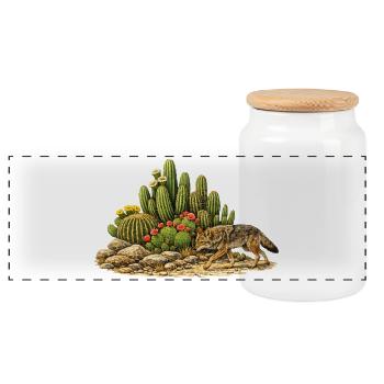 Cactus with Coyote - Panoramic Cookie Jar with Wooden Lid - white - Front
