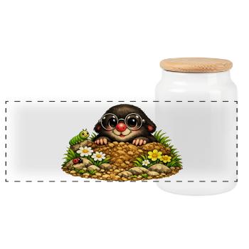 Cute mole with glasses - Panoramic Cookie Jar with Wooden Lid - white - Front