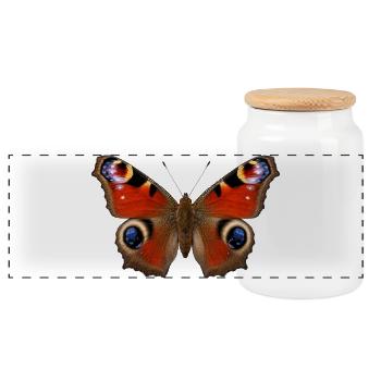 Peacock Butterfly Aglais io Realistic Style - Panoramic Cookie Jar with Wooden Lid - white - Front