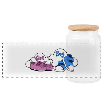Girl Boy Shoe Pair Illustration - Panoramic Cookie Jar with Wooden Lid - white - Front
