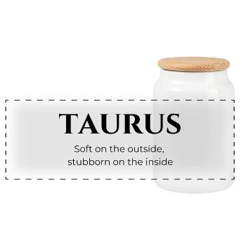 Taurus Zodiac Sign – Bold and Determined - Panoramic Cookie Jar with Wooden Lid - white - Front
