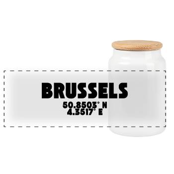 Brussels - Brüssel / T Shirt Design mit Koordinate - Panorama Keksdose mit Holzdeckel - Weiß - Vorne