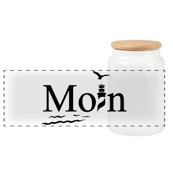 Maritime Moin Design with Seagull and Lighthouse - Panoramic Cookie Jar with Wooden Lid - white - Front