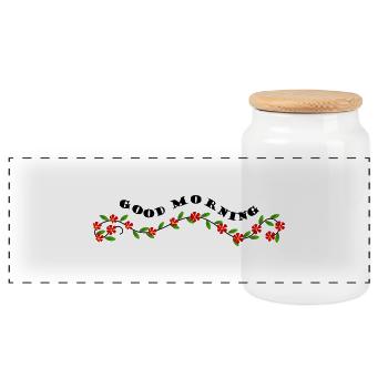 Good morning - Guten Morgen Gruß - Panoramic Cookie Jar with Wooden Lid - white - Front