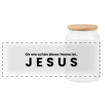 The Name of Jesus - Christian Clothes - Panoramic Cookie Jar with Wooden Lid - white - Front