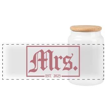 Mrs. Est. 2023 Engagement Bridal Shower Wedding - Panoramic Cookie Jar with Wooden Lid - white - Front