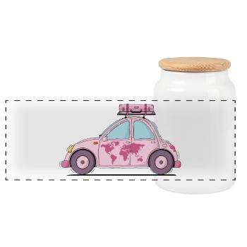 Car with Suitcase Heart Pink - Panoramic Cookie Jar with Wooden Lid - white - Front