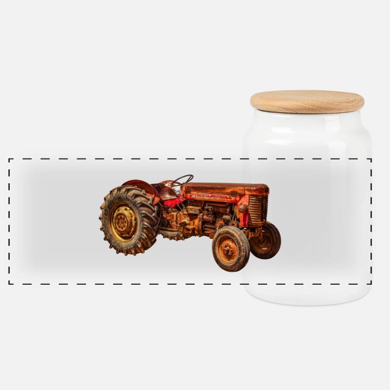 roter Traktor Oldtimer - Panorama Keksdose mit Holzdeckel - Weiß
