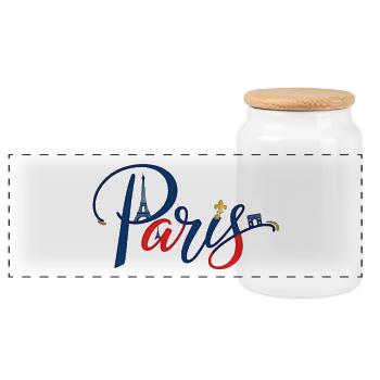 Paris Skyline Neon Lettering - Panoramic Cookie Jar with Wooden Lid - white - Front