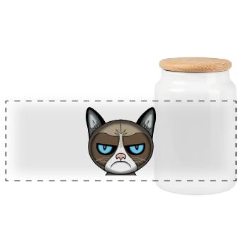 angry cat - Panoramic Cookie Jar with Wooden Lid - white - Front