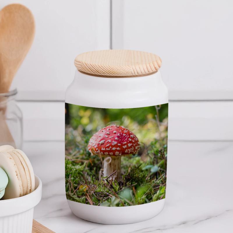 Toadstool Panoramic Cookie Jar with Wooden Lid