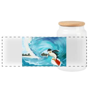 Surfender Pinguin Poster - Panorama Keksdose mit Holzdeckel - Weiß - Vorne