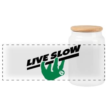 Faultier Spruch Live Slow für Entspannte - Panorama Keksdose mit Holzdeckel - Weiß - Vorne