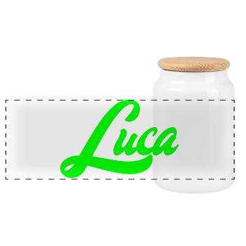 Luca Leuchtender Neon-Lettering Schriftzug - Panorama Keksdose mit Holzdeckel - Weiß - Vorne