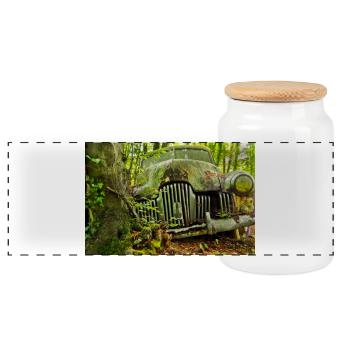 Décadence de la forêt : Vestige de voiture rouillée - Boîte à biscuits avec couvercle en bois - blanc - Devant