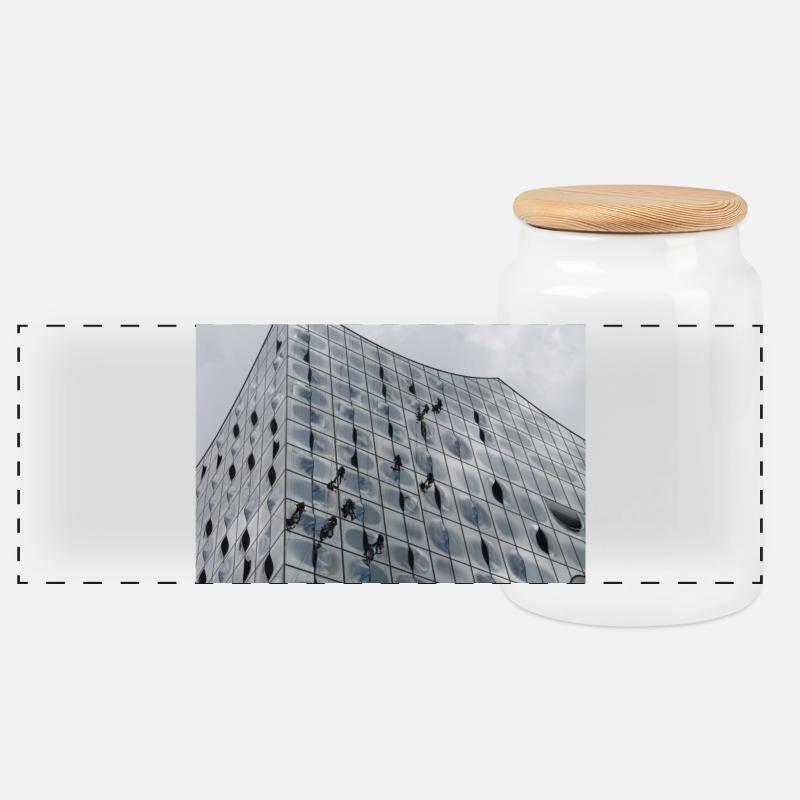 Elbphilharmonie mit Fensterputzern - Panorama Keksdose mit Holzdeckel - Weiß