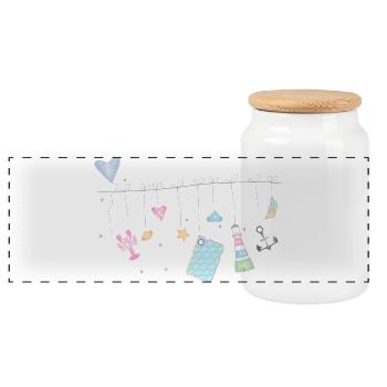 maritime zarte bunte Symbole an der Wäscheleine - Panorama Keksdose mit Holzdeckel - Weiß - Vorne