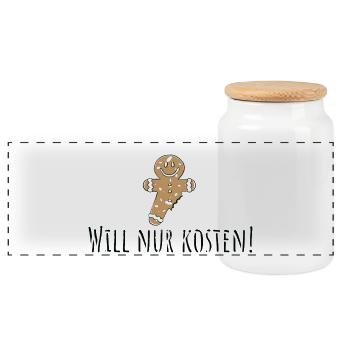 Will nur kosten! Lebkuchen, Kekse - Panorama Keksdose mit Holzdeckel - Weiß - Vorne
