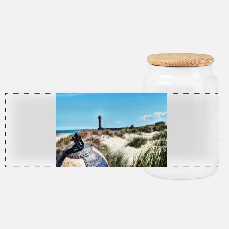 Beach Buoy Lighthouse - Panoramic Cookie Jar with Wooden Lid - white