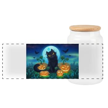 Meowy Halloween! Black Cat Pumpkins - Poster - Panoramic Cookie Jar with Wooden Lid - white - Front