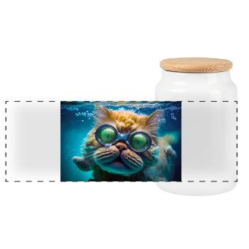 Hector die Schwimmkatze mit Taucherbrille - Panorama Keksdose mit Holzdeckel - Weiß - Vorne