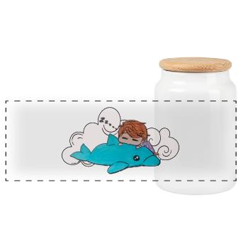 Sleeping child on blue dolphin - Panoramic Cookie Jar with Wooden Lid - white - Front