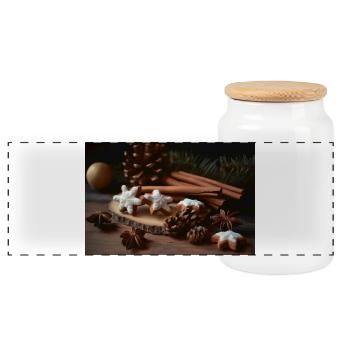 Festive Spice and Cinnamon Design - Panoramic Cookie Jar with Wooden Lid - white - Front
