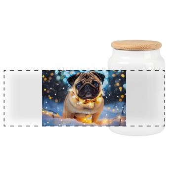 Carlin mignon avec des lumières de Noël - Boîte à biscuits avec couvercle en bois - blanc - Devant