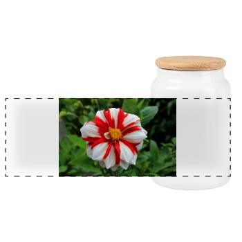 Dahlia White Red Blossom ,Flower - Panoramic Cookie Jar with Wooden Lid - white - Front