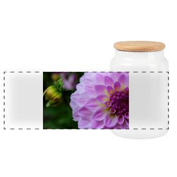 Dahlie pink rosa violett Blüte ,Blume - Panorama Keksdose mit Holzdeckel - Weiß - Vorne