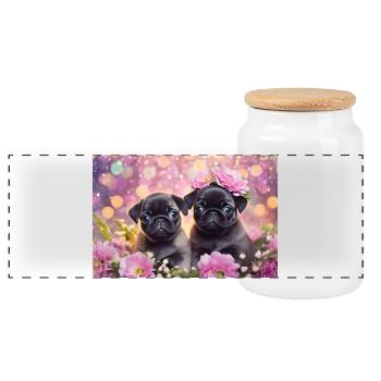 Small dogs with flower crown - Panoramic Cookie Jar with Wooden Lid - white - Front