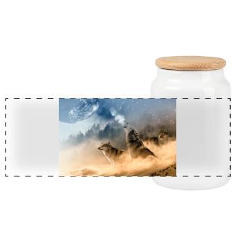 Wölfe heulen den Mond an / Schöne Wölfe - Panorama Keksdose mit Holzdeckel - Weiß - Vorne