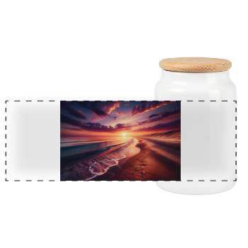 Poster Gemälde Sonnenuntergang am Strand - Panorama Keksdose mit Holzdeckel - Weiß - Vorne
