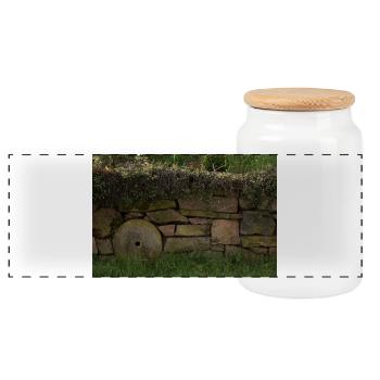 Natursteinmauer - Panorama Keksdose mit Holzdeckel - Weiß - Vorne