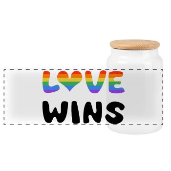 Love wins in rainbow design - Panoramic Cookie Jar with Wooden Lid - white - Front