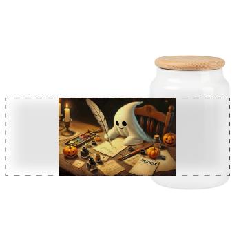 charming ghost writing halloween invitations - Panoramic Cookie Jar with Wooden Lid - white - Front