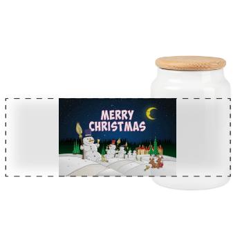 Merry Christmas poster with snowmen - Panoramic Cookie Jar with Wooden Lid - white - Front