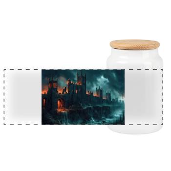 Poster Illustration Medieval Landscape in Ruins - Panoramic Cookie Jar with Wooden Lid - white - Front