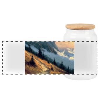 Mountain Landscape Illustration Poster - Panoramic Cookie Jar with Wooden Lid - white - Front