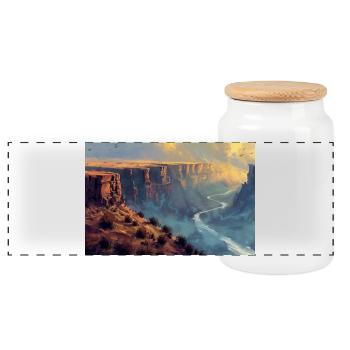 Canyon Landscape Illustration Poster - Panoramic Cookie Jar with Wooden Lid - white - Front